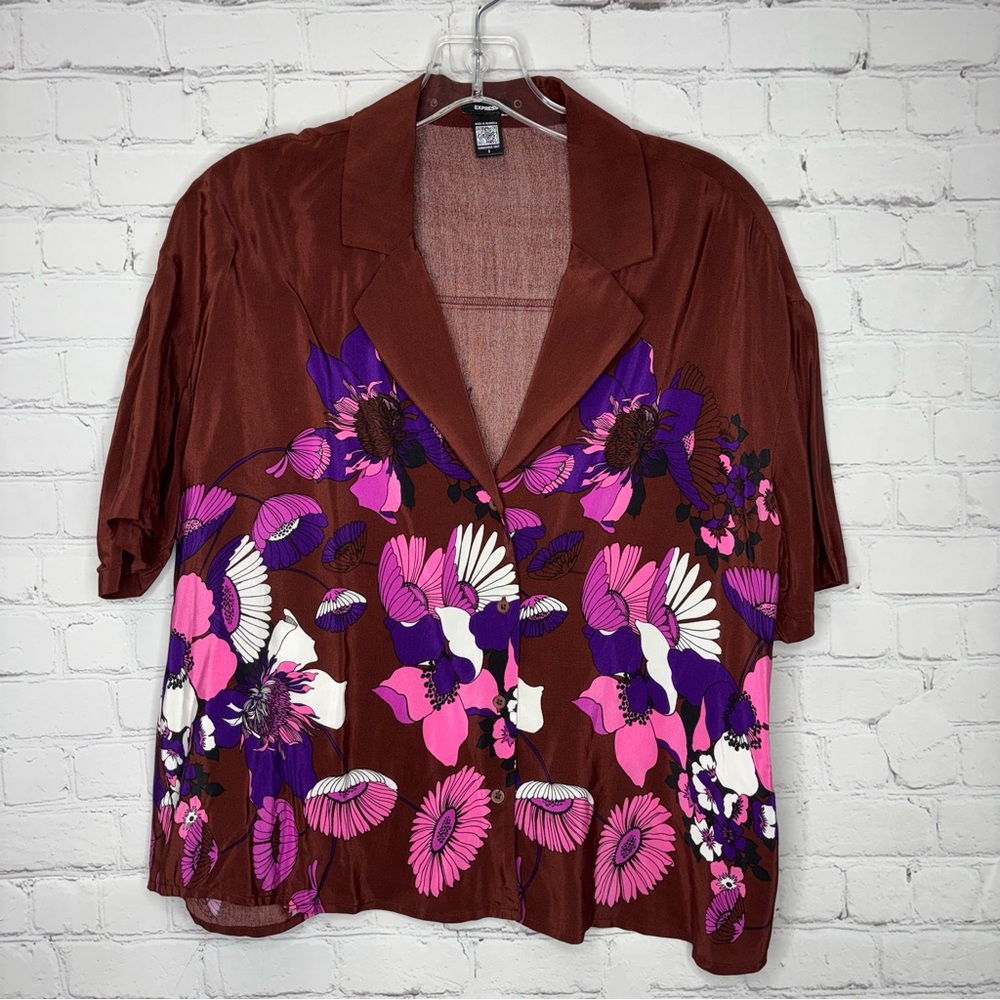 Express Floral Short Sleeve Button Up Boxy Shirt